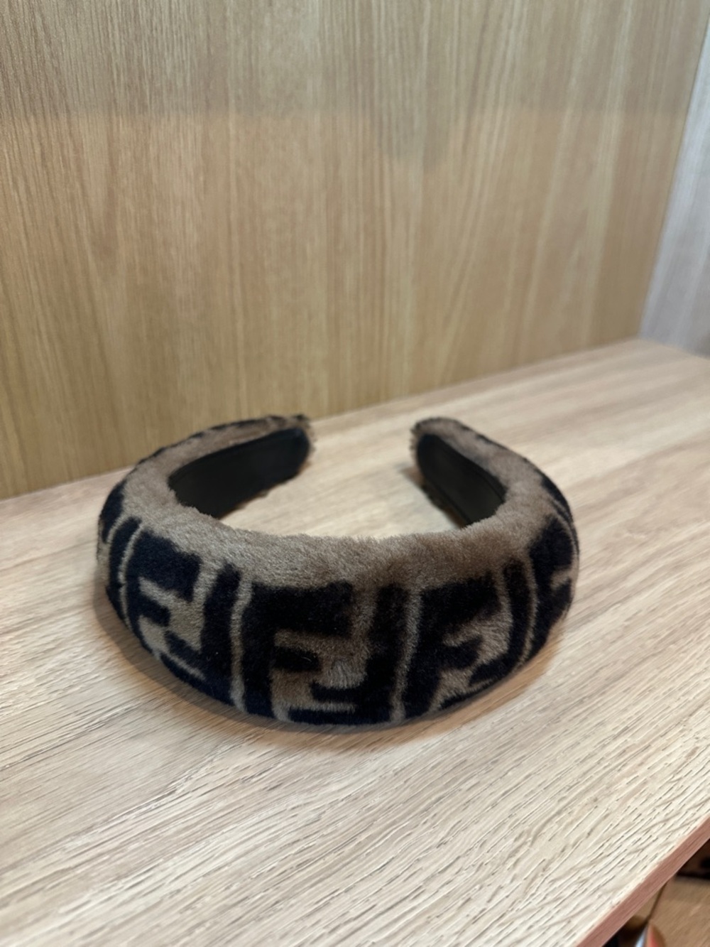 Fendi Brown and Black FF Logo Faux Fur Headband